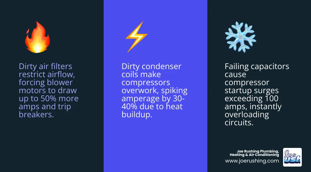Infographic showing why an AC draws excess amperage and trips the circuit breaker - ac circuit breaker keeps tripping what