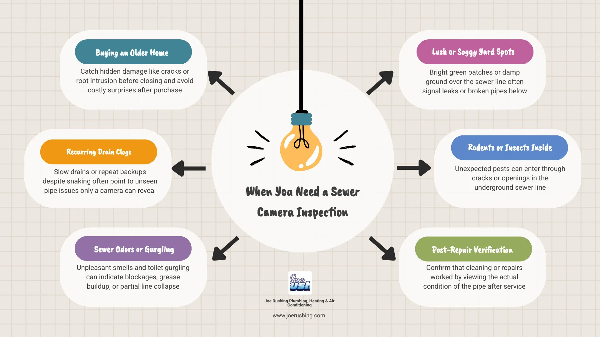 Infographic showing top signs you need a sewer camera inspection and what the process involves infographic