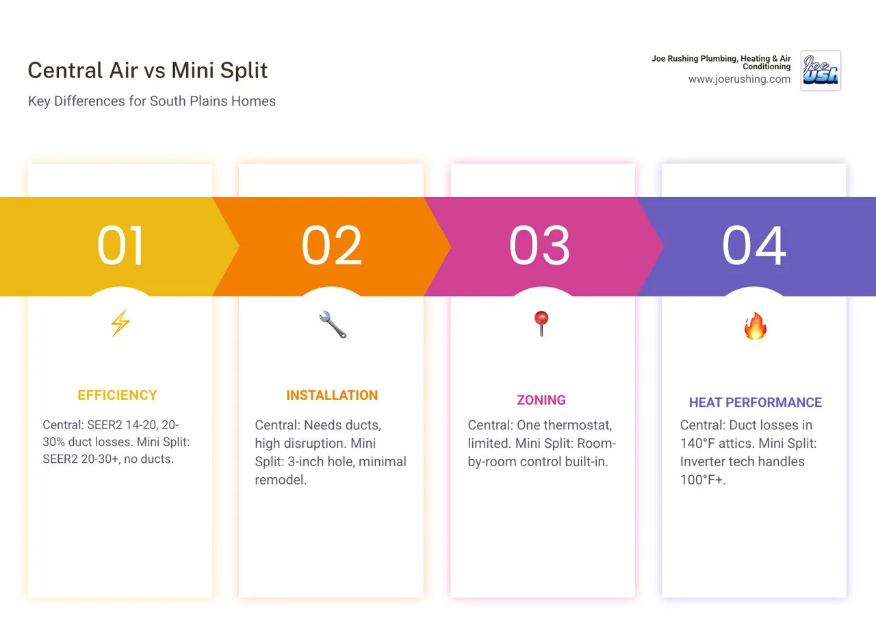 Infographic comparing central air vs mini split systems for South Plains homes: efficiency, zoning, installation, and heat