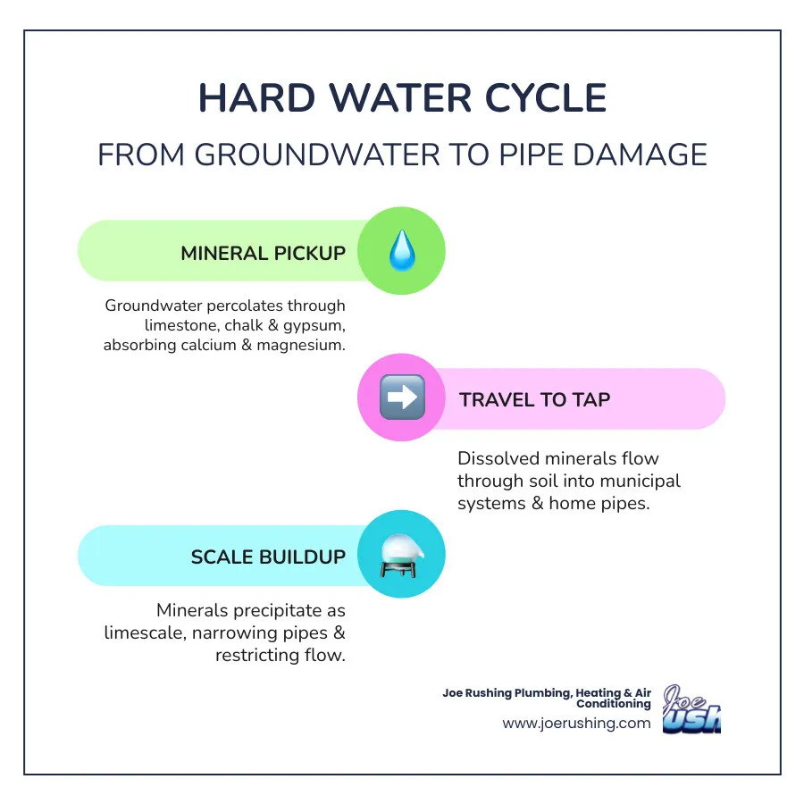 infographic showing the hard water cycle from groundwater absorption through pipes to mineral scale buildup - how does hard