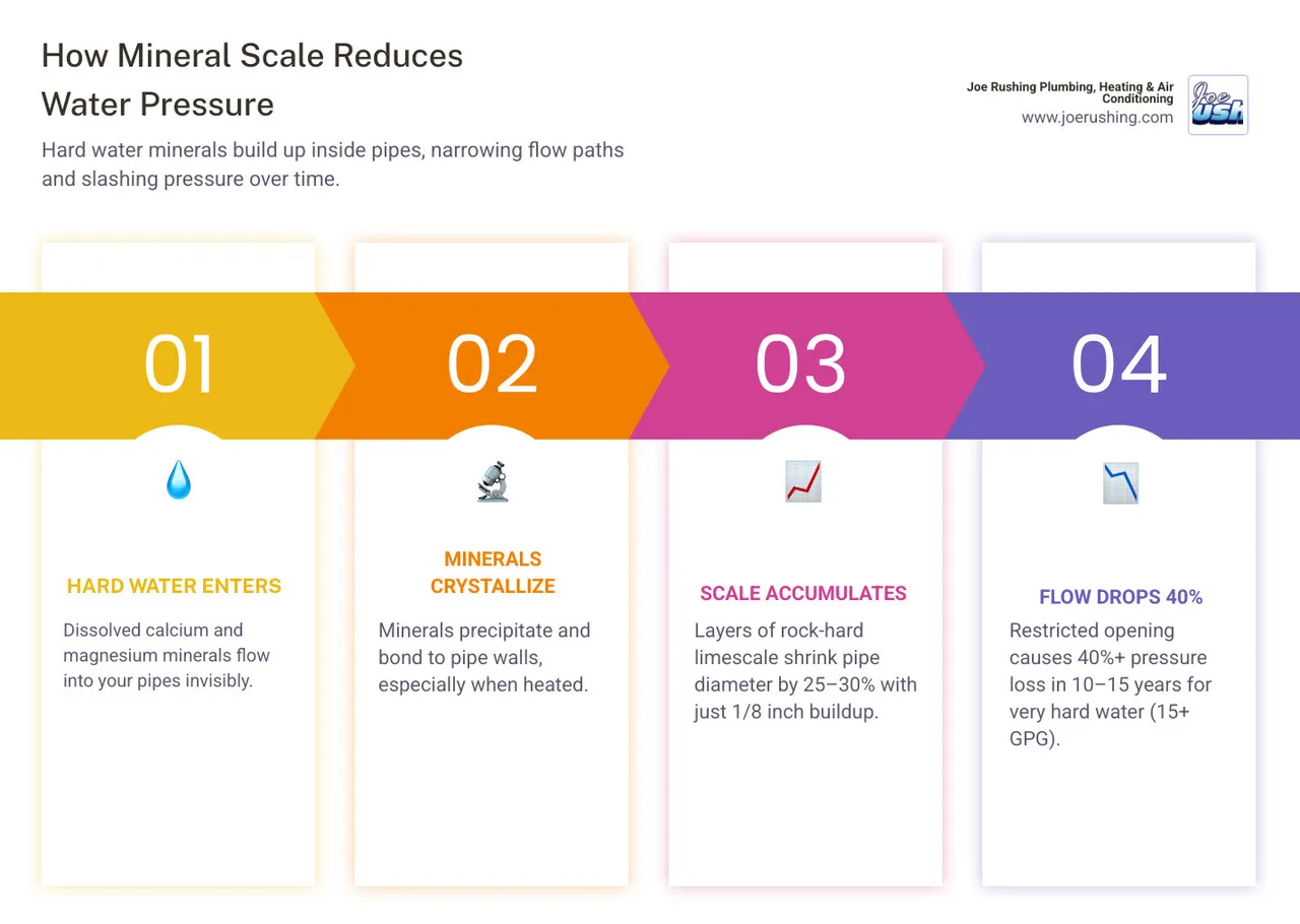 Infographic showing how mineral scale forms in pipes and reduces water pressure step by step - how mineral scale reduces
